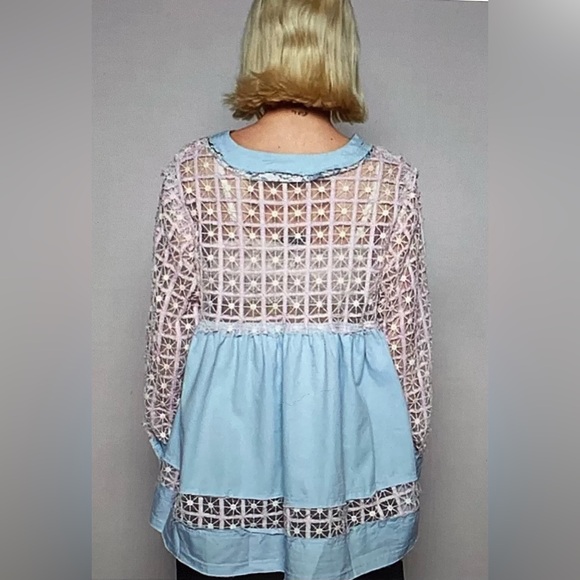 POL Light Blue Button-Up Top with Lilac Lace Detail - Picture 3 of 4